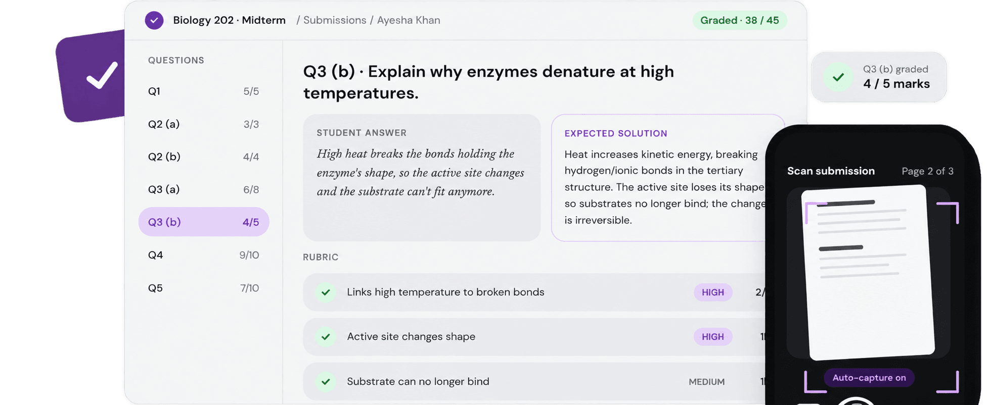 Check8 grading a student's answer on the web app, with a phone scanning a submission beside it